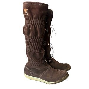 Sorel Moccasin Boots Firenzy Tall Laced Up Knee High Brown Suede Womens 7